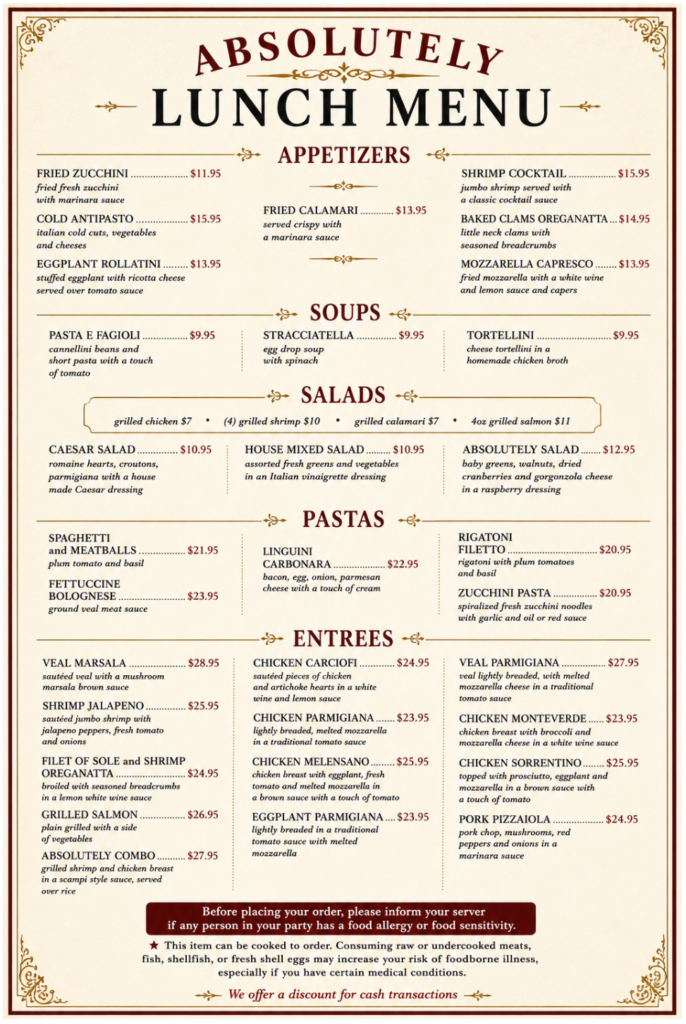 Italian restaurants Farmingdale 1 Lunch Absolutely Mario 2026
